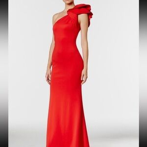 Betsy & Adam One-Shoulder Red Gown with Shoulder Bow